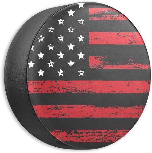 غطاء الإطارات الاحتياطية لمقطورة RV ، العلم الأمريكي الأسود American Flag PVC PVC Faux Leather Wheel ， مناسب للشاحنة ، العربة ، مقطورة ، RV ، سيارات الدفع الرباعي (15 بوصة) in Kuwait