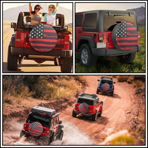 غطاء الإطارات الاحتياطية لمقطورة RV ، العلم الأمريكي الأسود American Flag PVC PVC Faux Leather Wheel ， مناسب للشاحنة ، العربة ، مقطورة ، RV ، سيارات الدفع الرباعي (15 بوصة) in Kuwait