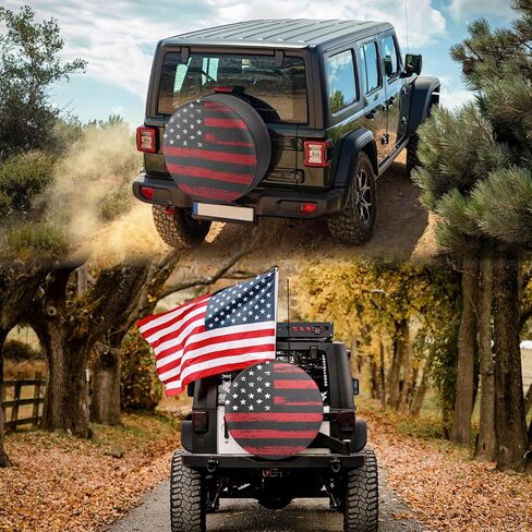 غطاء الإطارات الاحتياطية لمقطورة RV ، العلم الأمريكي الأسود American Flag PVC PVC Faux Leather Wheel ， مناسب للشاحنة ، العربة ، مقطورة ، RV ، سيارات الدفع الرباعي (15 بوصة) in Kuwait
