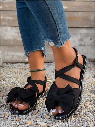 GORGLITTER Women's Ankle Strap Bow Sandals Criss Cross Open Toe Bowknot Dressy Beach Flat Sandals 2025 in Saudi Arabia