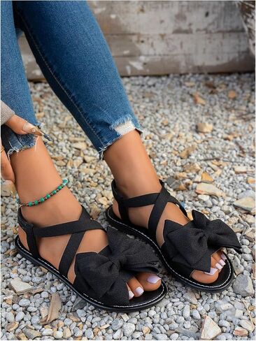 GORGLITTER Women's Ankle Strap Bow Sandals Criss Cross Open Toe Bowknot Dressy Beach Flat Sandals 2025 in Saudi Arabia