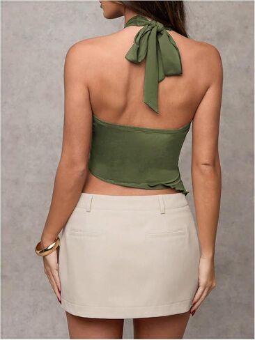 Milumia Women's Buckle Decor Wrap V Neck Halter Top Asymmetrical Hem Tie Backless Tank Tops in Kuwait