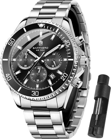 ساعات Sapphero Mens التناظرية Quartz Chronograph الساعات الفولاذ المقاوم للصدأ للرجال 50M الساعات المعصم للرجال مقاوم للماء مع عمل تقويمي فاخر الأعمال عرضة هدايا أنيقة للرجال in Kuwait