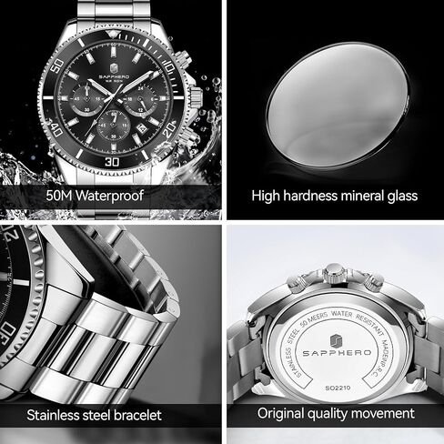 ساعات Sapphero Mens التناظرية Quartz Chronograph الساعات الفولاذ المقاوم للصدأ للرجال 50M الساعات المعصم للرجال مقاوم للماء مع عمل تقويمي فاخر الأعمال عرضة هدايا أنيقة للرجال in Kuwait