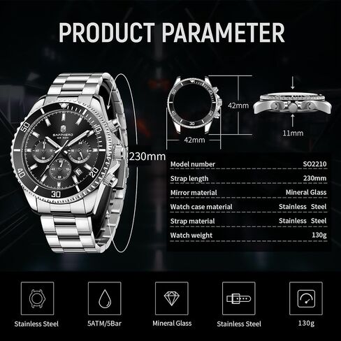 ساعات Sapphero Mens التناظرية Quartz Chronograph الساعات الفولاذ المقاوم للصدأ للرجال 50M الساعات المعصم للرجال مقاوم للماء مع عمل تقويمي فاخر الأعمال عرضة هدايا أنيقة للرجال in Kuwait