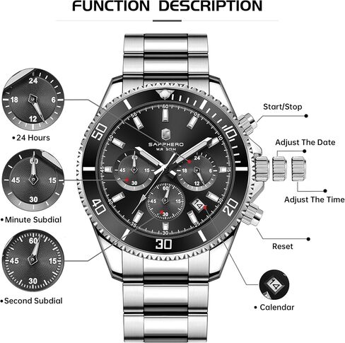 ساعات Sapphero Mens التناظرية Quartz Chronograph الساعات الفولاذ المقاوم للصدأ للرجال 50M الساعات المعصم للرجال مقاوم للماء مع عمل تقويمي فاخر الأعمال عرضة هدايا أنيقة للرجال in Kuwait