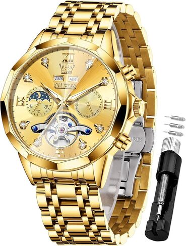OLEVS Men Automatic Watch Diamond Skeleton Mechanical Luxury Self Winding Moon Phase Calendar Waterproof Wrist Watch for Men in Saudi Arabia