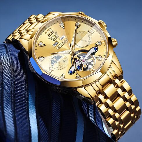 OLEVS Men Automatic Watch Diamond Skeleton Mechanical Luxury Self Winding Moon Phase Calendar Waterproof Wrist Watch for Men in Saudi Arabia