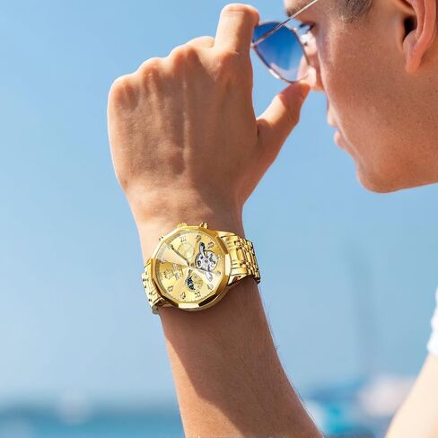 OLEVS Men Automatic Watch Diamond Skeleton Mechanical Luxury Self Winding Moon Phase Calendar Waterproof Wrist Watch for Men in Saudi Arabia