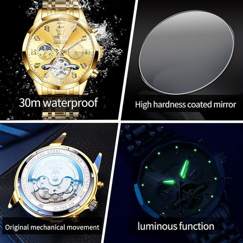 OLEVS Men Automatic Watch Diamond Skeleton Mechanical Luxury Self Winding Moon Phase Calendar Waterproof Wrist Watch for Men in Saudi Arabia