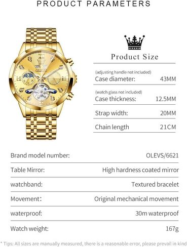 OLEVS Men Automatic Watch Diamond Skeleton Mechanical Luxury Self Winding Moon Phase Calendar Waterproof Wrist Watch for Men in Saudi Arabia