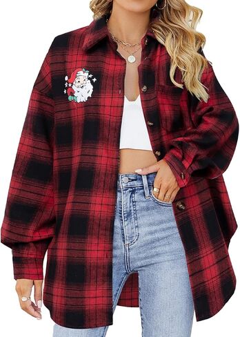 Christmas Plaid Blouses Women Xmas Santa Long Sleeve Shirt Checked Cute Christmas Collared Button Down Tops in Kuwait