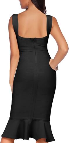 Madam Uniq Women Shoulder Strap Sleeveless Fishtail Midi Bandage Dress Bodycon Club Party Evening Wedding Guest Dresses in Kuwait