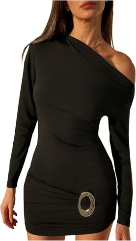 SOLY HUX Women's Off The Shoulder Mini Dress Long Sleeve Asymmetrical Neck Ruched Bodycon Dresses in Saudi Arabia