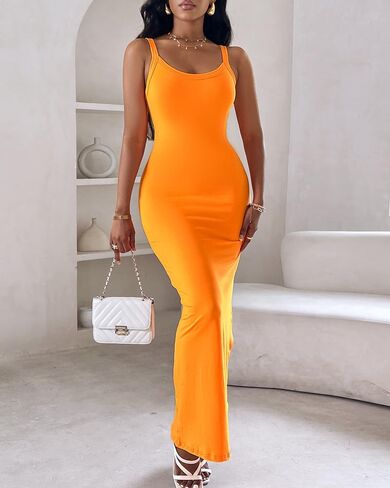 Womens Summer Sexy U-Neck Casual Slip Slim Bodycon Maxi Dresses Spaghetti Strap for Club Party 2025 in Saudi Arabia