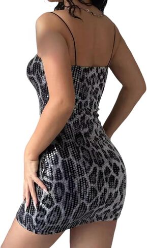 Zgmyc Women's Glitter Sequin Leopard Mini Dress Sexy Sexy Seveless Spaghetti Strap Bodycon Dress in Kuwait