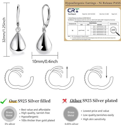 Silver/Gold Teardrop Earrings for Women,925 Sterling Silver Waterdrop Tear Drop Dangle Earrings Hypoallergenic, Silver Teardrop Leverback Dangle Earrings for Women Jewelry in Kuwait