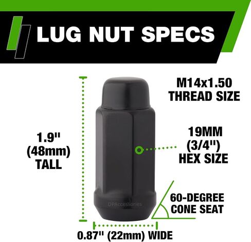 DPAccessories Black M14x1.50 LUG NUTS لعجلات ما بعد البيع - الطرف المغلقة XL ACORN - 48 مم (1.9 ") طويل القامة - 19 مم (3/4") - مجموعة من 24 - LCB4B8HE2BK04024 in Kuwait