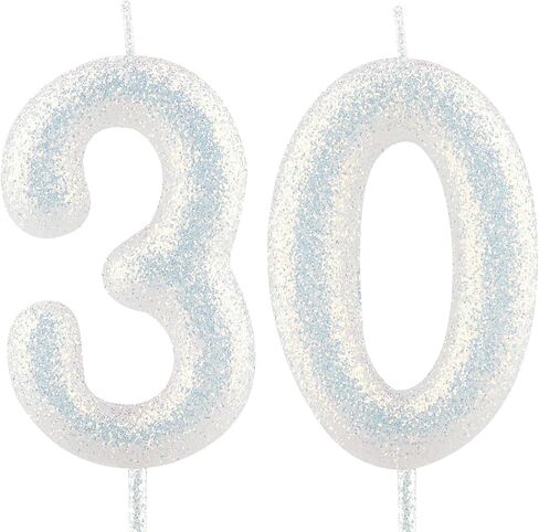Birthday Candle Number 30 White Iridescent 30th Glitter Birthday Candles Cake Topper Decorations for Party Celebration Decor Supplies in Kuwait