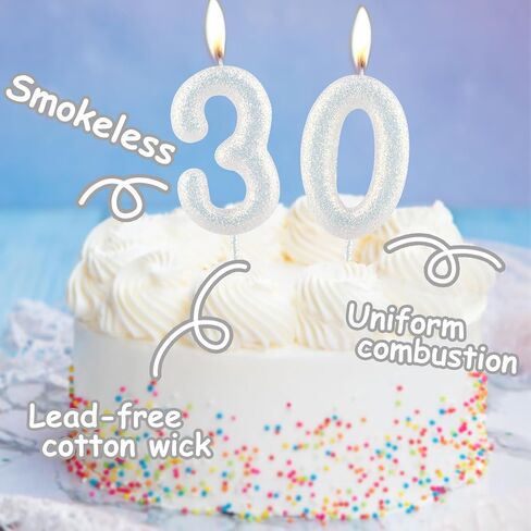 Birthday Candle Number 30 White Iridescent 30th Glitter Birthday Candles Cake Topper Decorations for Party Celebration Decor Supplies in Kuwait