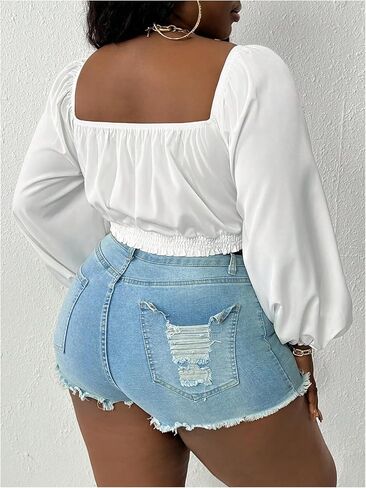 WDIRARA Women's Plus Size Sexy Deep V Neck Tie Front Long Sleeve Crop Tops Blouse in Kuwait