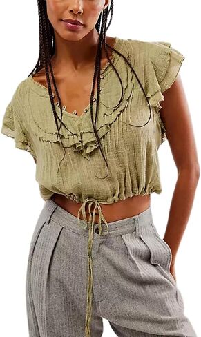 Women Summer Cute Button Shirt Y2K Low Cut V-Neck Short Sleeve Ruffle Trim Blouse Top Y2K Going Out Shirt Streetwear in Kuwait