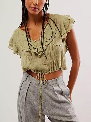 Women Summer Cute Button Shirt Y2K Low Cut V-Neck Short Sleeve Ruffle Trim Blouse Top Y2K Going Out Shirt Streetwear in Kuwait