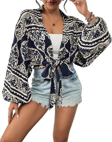 Eddoyee Women's Deep V Neck Tie Front Knot Wrap Tops Long Lantern Sleeve Casual Boho Blouses Loose Tunic Self-tie Shirts in Kuwait