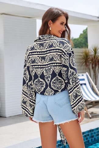 Eddoyee Women's Deep V Neck Tie Front Knot Wrap Tops Long Lantern Sleeve Casual Boho Blouses Loose Tunic Self-tie Shirts in Kuwait