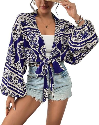 Eddoyee Women's Deep V Neck Tie Front Knot Wrap Tops Long Lantern Sleeve Casual Boho Blouses Loose Tunic Self-tie Shirts in Kuwait