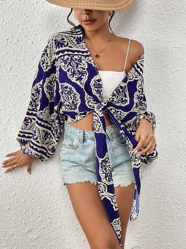 Eddoyee Women's Deep V Neck Tie Front Knot Wrap Tops Long Lantern Sleeve Casual Boho Blouses Loose Tunic Self-tie Shirts in Kuwait