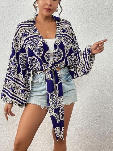 Eddoyee Women's Deep V Neck Tie Front Knot Wrap Tops Long Lantern Sleeve Casual Boho Blouses Loose Tunic Self-tie Shirts in Kuwait