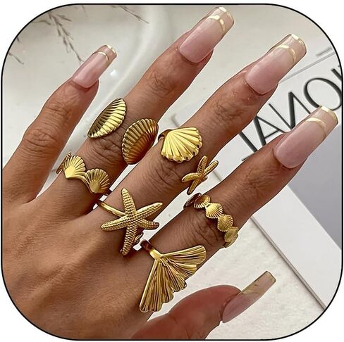 Vivian&CD Gold/Silver Seashell & Starfish Ring Set for Women, Adjustable Beach Stackable Shell Rings Dainty Summer Surfer Jewelry Set Non-Tarnish Waterproof Mermaid Surf Style Gift in Kuwait