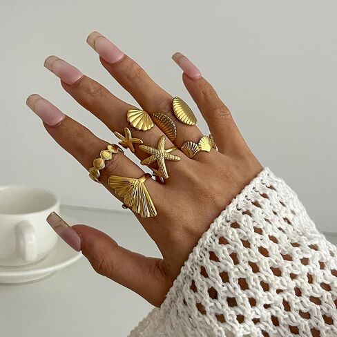 Vivian&CD Gold/Silver Seashell & Starfish Ring Set for Women, Adjustable Beach Stackable Shell Rings Dainty Summer Surfer Jewelry Set Non-Tarnish Waterproof Mermaid Surf Style Gift in Kuwait