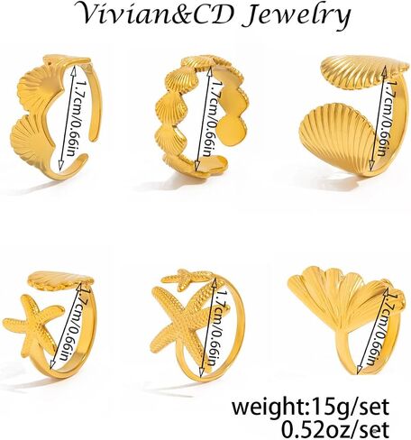 Vivian&CD Gold/Silver Seashell & Starfish Ring Set for Women, Adjustable Beach Stackable Shell Rings Dainty Summer Surfer Jewelry Set Non-Tarnish Waterproof Mermaid Surf Style Gift in Kuwait