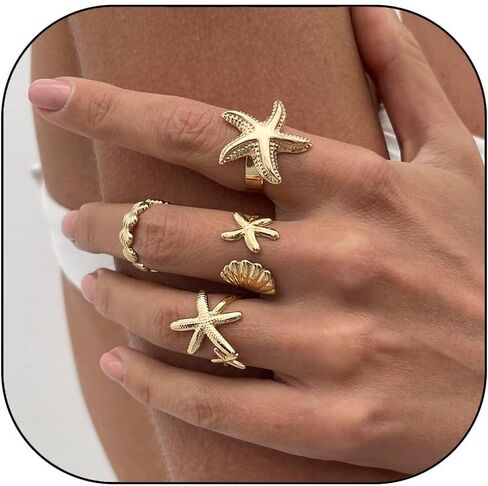 Vivian&CD Gold/Silver Seashell & Starfish Ring Set for Women, Adjustable Beach Stackable Shell Rings Dainty Summer Surfer Jewelry Set Non-Tarnish Waterproof Mermaid Surf Style Gift in Kuwait