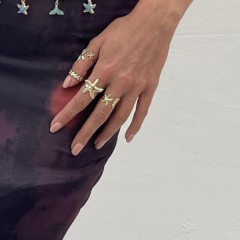 Vivian&CD Gold/Silver Seashell & Starfish Ring Set for Women, Adjustable Beach Stackable Shell Rings Dainty Summer Surfer Jewelry Set Non-Tarnish Waterproof Mermaid Surf Style Gift in Kuwait