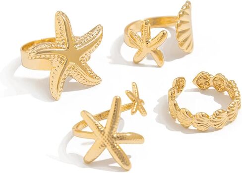 Vivian&CD Gold/Silver Seashell & Starfish Ring Set for Women, Adjustable Beach Stackable Shell Rings Dainty Summer Surfer Jewelry Set Non-Tarnish Waterproof Mermaid Surf Style Gift in Kuwait