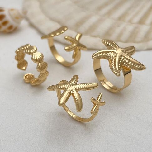 Vivian&CD Gold/Silver Seashell & Starfish Ring Set for Women, Adjustable Beach Stackable Shell Rings Dainty Summer Surfer Jewelry Set Non-Tarnish Waterproof Mermaid Surf Style Gift in Kuwait