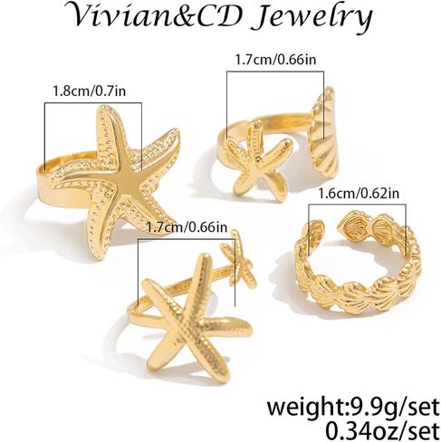 Vivian&CD Gold/Silver Seashell & Starfish Ring Set for Women, Adjustable Beach Stackable Shell Rings Dainty Summer Surfer Jewelry Set Non-Tarnish Waterproof Mermaid Surf Style Gift in Kuwait