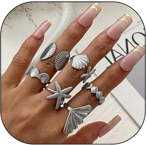 Vivian&CD Gold/Silver Seashell & Starfish Ring Set for Women, Adjustable Beach Stackable Shell Rings Dainty Summer Surfer Jewelry Set Non-Tarnish Waterproof Mermaid Surf Style Gift in Kuwait