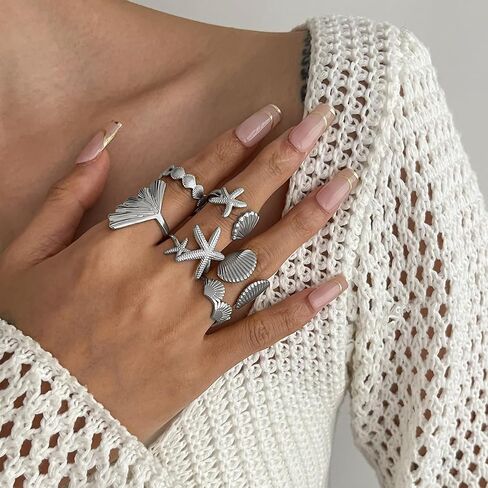 Vivian&CD Gold/Silver Seashell & Starfish Ring Set for Women, Adjustable Beach Stackable Shell Rings Dainty Summer Surfer Jewelry Set Non-Tarnish Waterproof Mermaid Surf Style Gift in Kuwait
