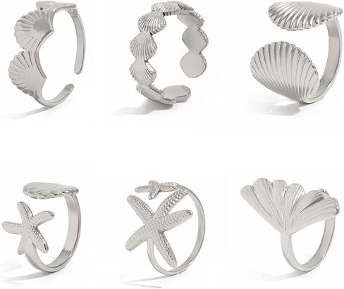 Vivian&CD Gold/Silver Seashell & Starfish Ring Set for Women, Adjustable Beach Stackable Shell Rings Dainty Summer Surfer Jewelry Set Non-Tarnish Waterproof Mermaid Surf Style Gift in Kuwait