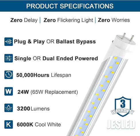 JESLED 4FT LED T8 Type A+B Tube Lights, 24W(65W Equivalent), 3200LM, 6000K, Single or Double End Powered, Plug and Play or Ballast Bypass, 4 Foot T10 T12 Fluorescent Bulbs Replacement, Clear(4-Pack) in Kuwait