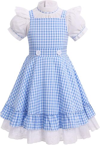 OBEEII Kids Girl Blue and White Checked Dress Bows Summer Casual Short Sleeve Blue Gingham Dress in Saudi Arabia