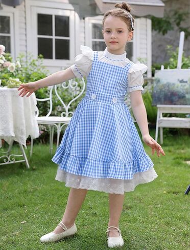 OBEEII Kids Girl Blue and White Checked Dress Bows Summer Casual Short Sleeve Blue Gingham Dress in Saudi Arabia