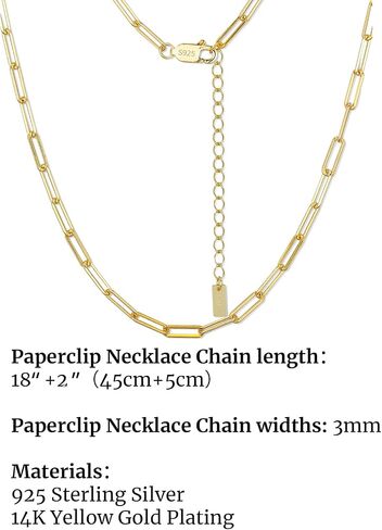 Gold Paperclip Necklace for Women, 1.8/2.2/3.0/4.5mm Wide S925 Sterling Silver Paperclip Chain, Adjustable Gold Necklace Chain for Men in Saudi Arabia