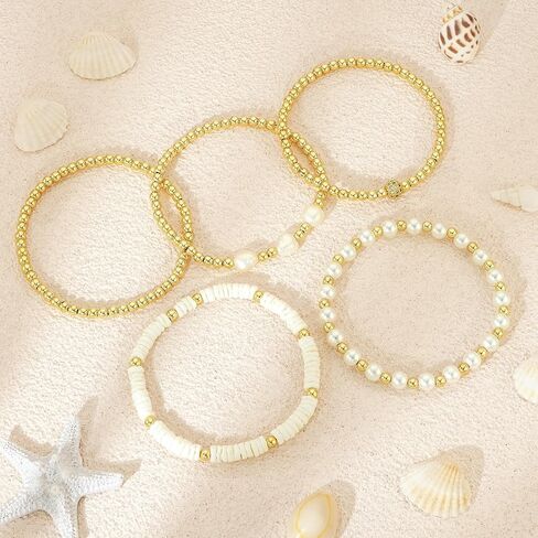 أساور الذهب للنساء سوار اللؤلؤ سوار الذهب كومة مطرز أساور للنساء 14K مطلية بالذهب تمتد حبة الكرة سوار مجموعات مجوهرات لهدايا عيد الميلاد عيد الميلاد in Kuwait