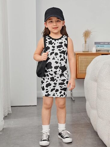 WDIRARA Toddler Girl's Cow Print Sleeveless Cute Tank Dress Summer Pencil Mini Dress in Saudi Arabia