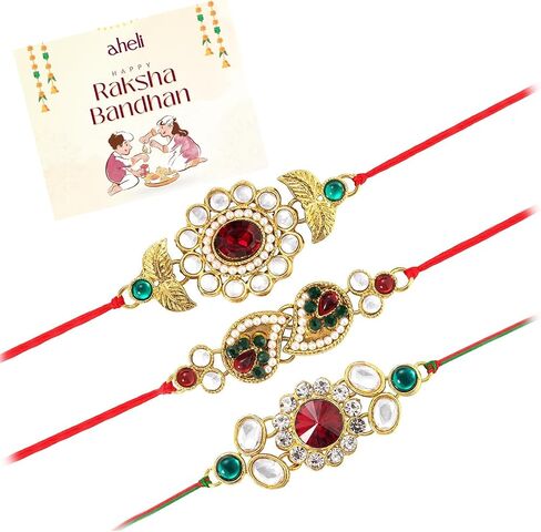 إرث Aheli التقليدي لـ Rakshabandhan مع Stones & Kundan Rakhi للأخ ، Green & Red ، مجموعة من 3 in Saudi Arabia
